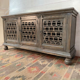 Handcrafted Carved Indian Furniture Handmade Solid Wood Grey Sideboard Jali door 184x46x96Cm